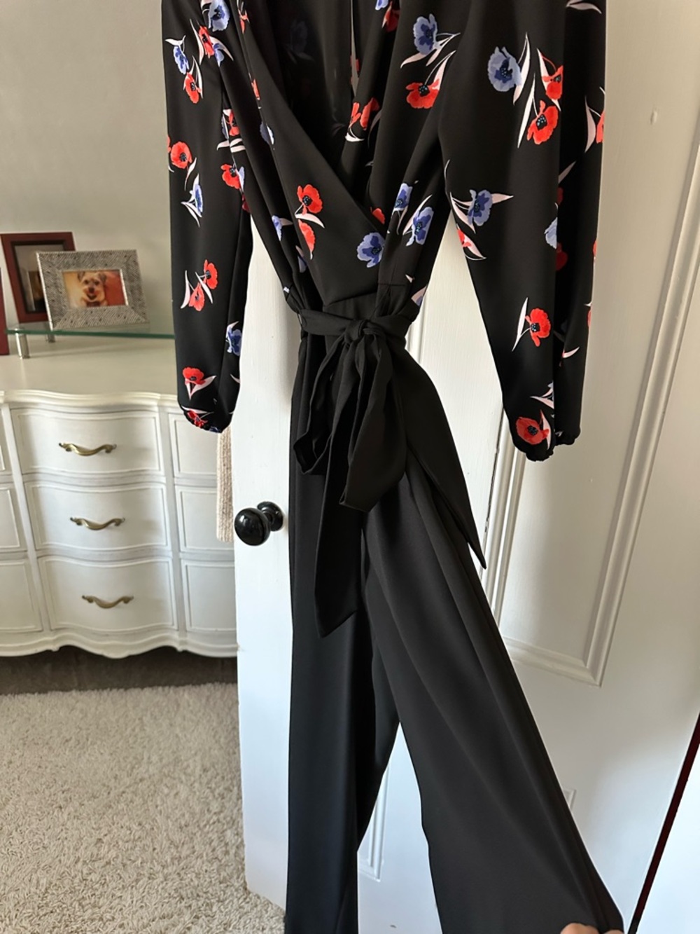 Ann Taylor Black Floral Wrap Jumpsuit with Tie Waist